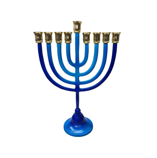 Blue nine-branch Hanukkah menorah with gold-tone candle cups, front view