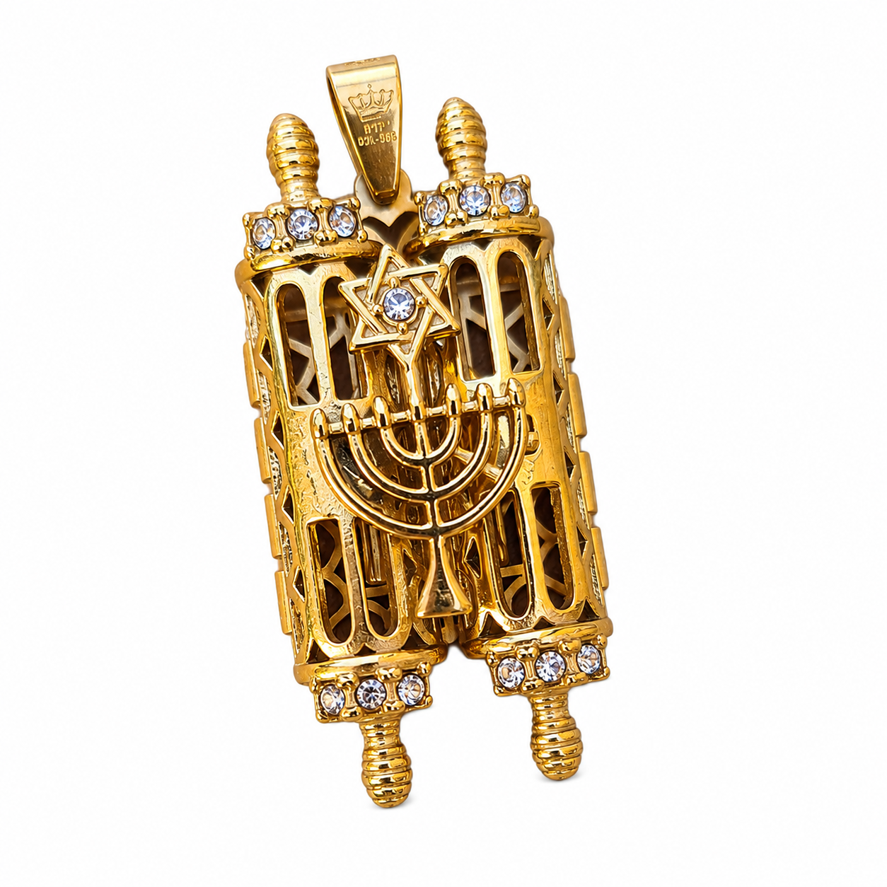 Opening Torah Necklace Pendant Gold filled with White Zircons Menorah & David Star