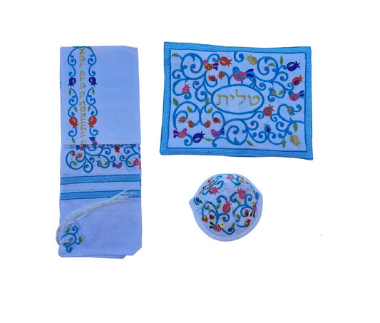 Prayer Shawl Tallit For Women 100% Kosher Embroidered WitH Pomegranates and Flowers Include Matching Bag & Kippa