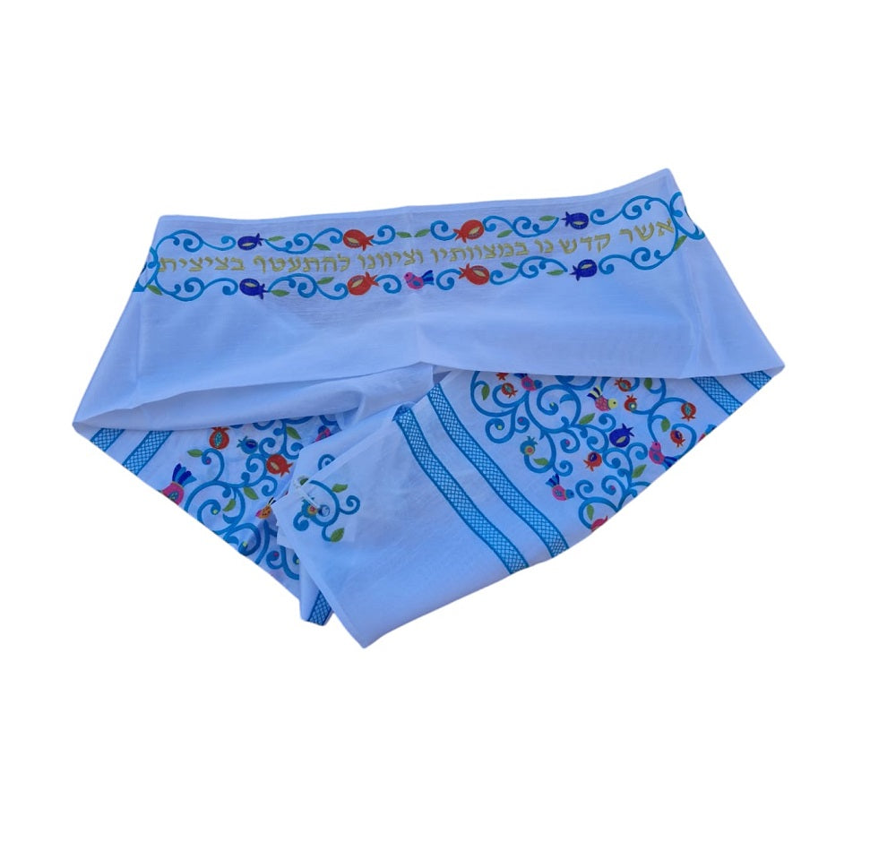 Prayer Shawl Tallit For Women 100% Kosher Embroidered WitH Pomegranates and Flowers Include Matching Bag & Kippa