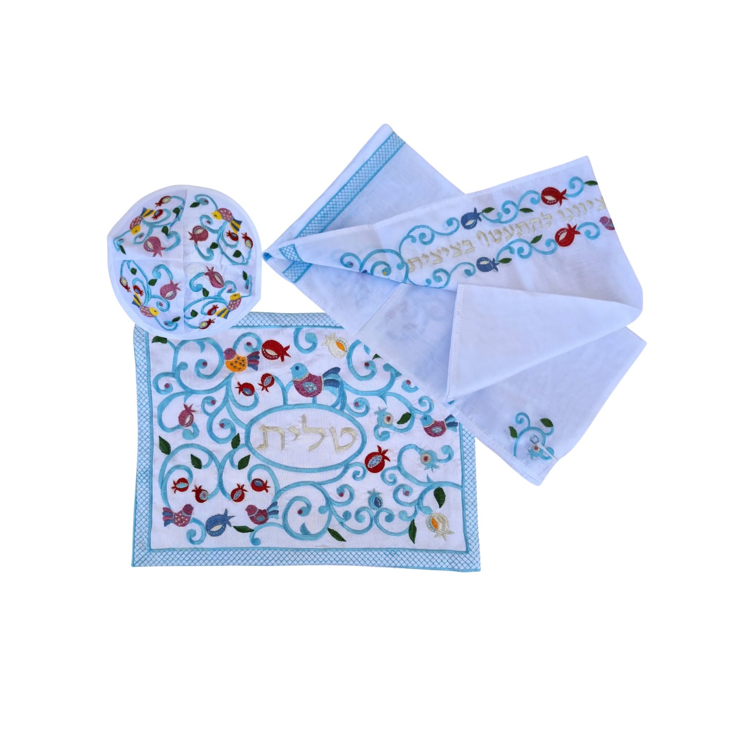 Tallit Prayer Shawl For Women 100% Kosher Embroidered WitH Pomegranates and Flowers Include Matching Bag & yarmulka