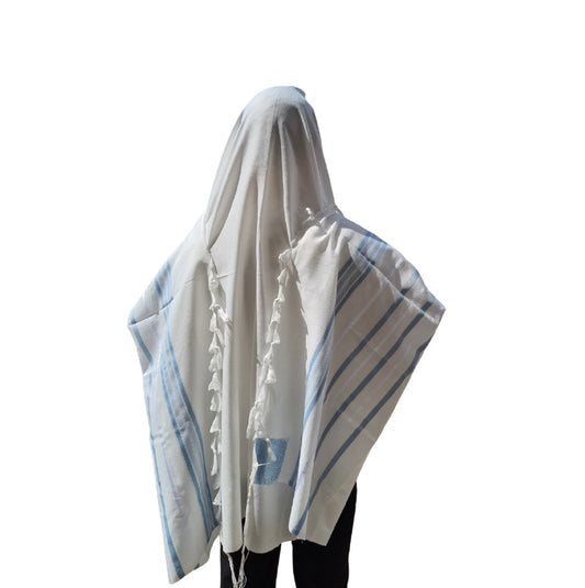 Jewish Tallit For Bar Mitzvah / Wedding Men Prayer Shawl 100% Kosher, Light Blue/Silver Stripes Tallis Made In Israel