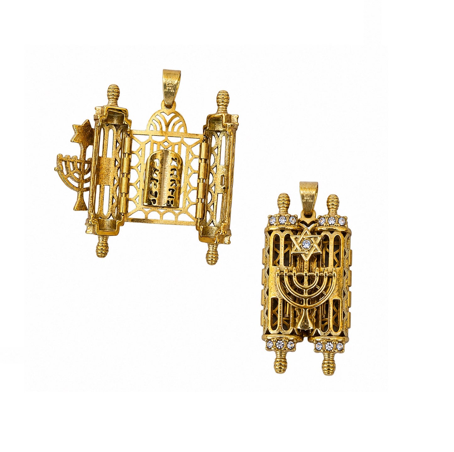 Opening Torah Necklace Pendant Gold filled with White Zircons Menorah & David Star