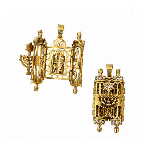 Opening Torah Necklace Pendant Gold filled with White Zircons Menorah & David Star