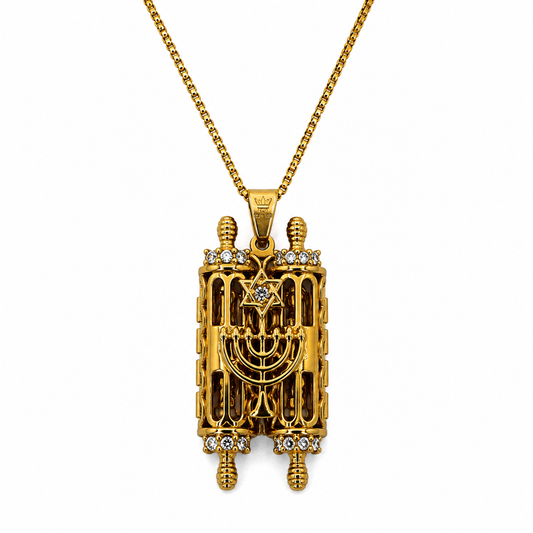 Opening Torah Necklace Pendant Gold filled with White Zircons Menorah & David Star