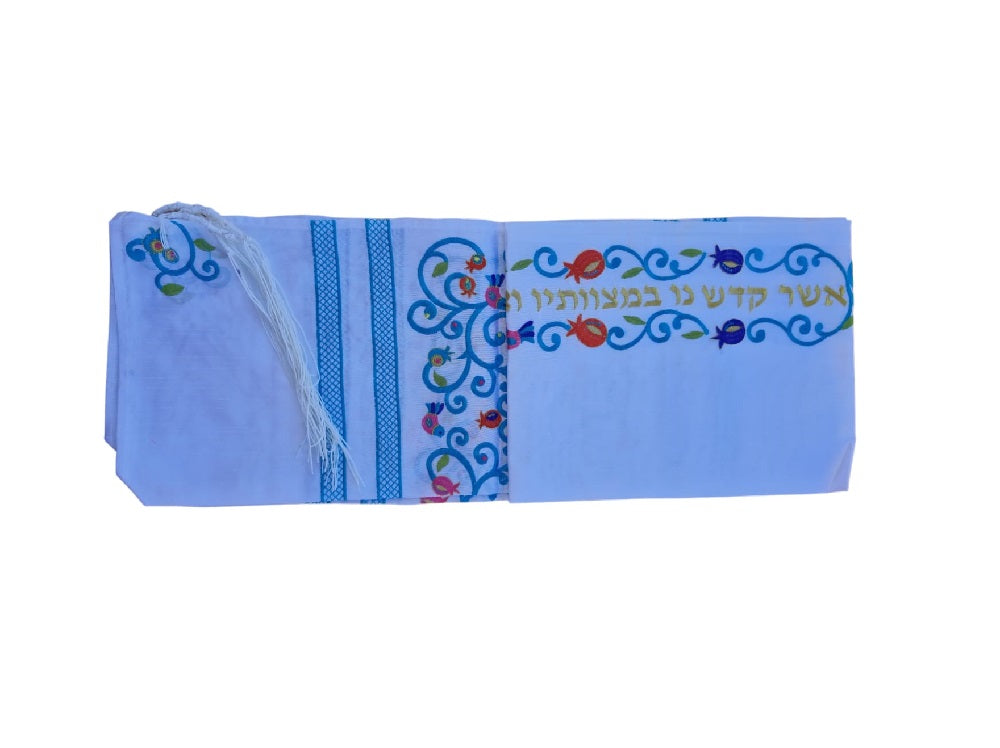 Prayer Shawl Tallit For Women 100% Kosher Embroidered WitH Pomegranates and Flowers Include Matching Bag & Kippa